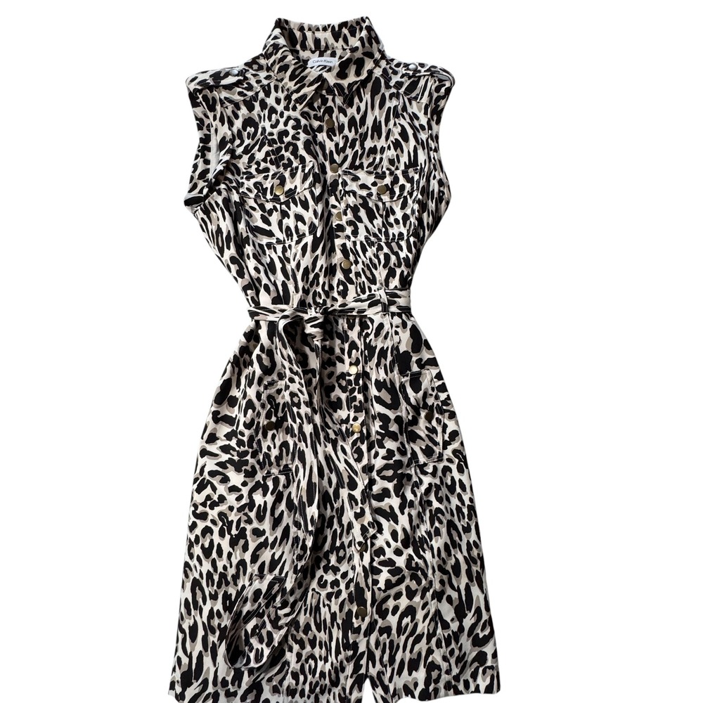 Calvin Klein Shirt Dress Womens 12 Tan Black Leopard Print Utility Safari Chic
